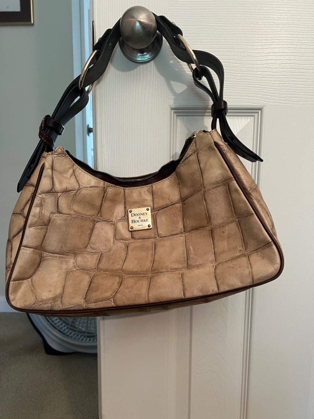 Dooney & Bourke Taupe Croc-Embossed Shoulder Bag with Dark Brown Strap